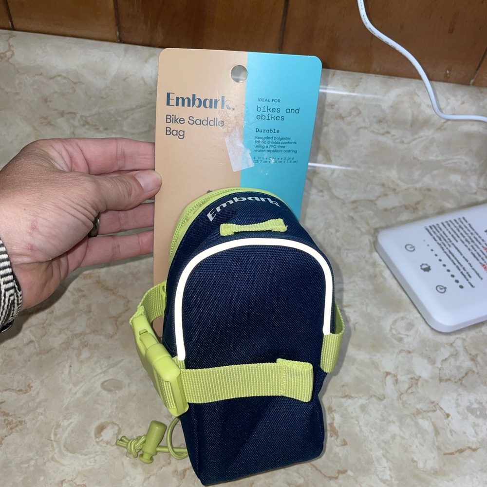 Embark Compact Blue and Green Bike Saddle Bag‎ with Secure Clip